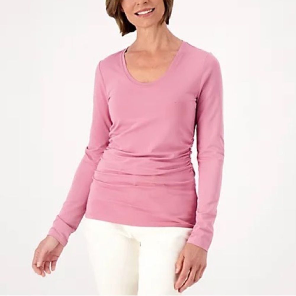 Encore by Idina Menzel Side Rouched U-Neck Tee with Long Sleeve